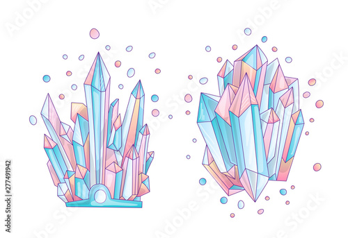 Blue and pink crystal, cartoon cute vector Quartz illustration. Quartz Crystal druse, pink princess grain on white background. Cartoon red semiprecious stones of blue Quartz, cute bright princess