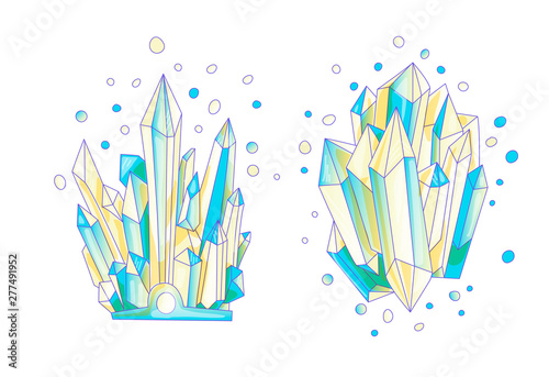 blue and yellow crystal, cartoon cute vector Quartz illustration. Quartz Crystal druse, blue princess grain on wihte background. Cartoon colored semiprecious stones of blue Quartz, cute bright