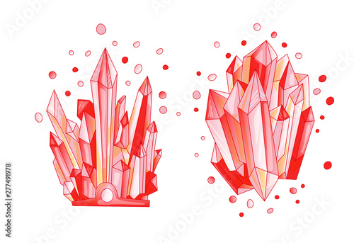 Red crystal, cartoon cute vector Quartz illustration. Quartz Crystal crown and crystal druse, red grain on white background. Cartoon red semiprecious stones of red Quartz -ruby, sardius on black.