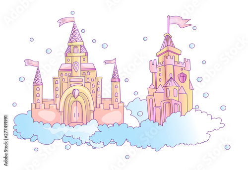 vector cartoon illustration of pink princess magic castle in clouds. pink princess magic castle in blue clouds, with flags and torrets, pastel pink color. Cute cartoon princess castle sticker photo