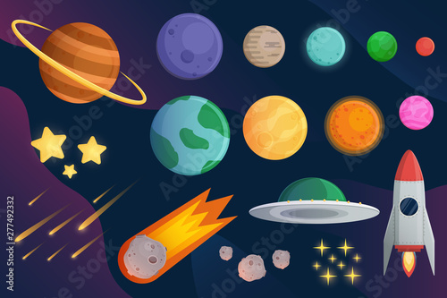 Set planet  with spaceship or rocket and galaxy vector background