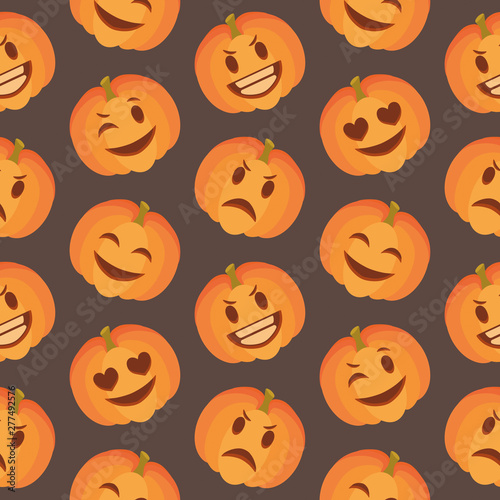Seasonal cute Halloween seamless pattern with happy and sad carved pumpkin faces on dark black background