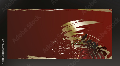 Tropical gold maroon monstera leaf, on dark red background vector. Beautiful botanical design with tropic jungle leaves, exotic plant and golden paint smear Wedding invitation card, holiday sale