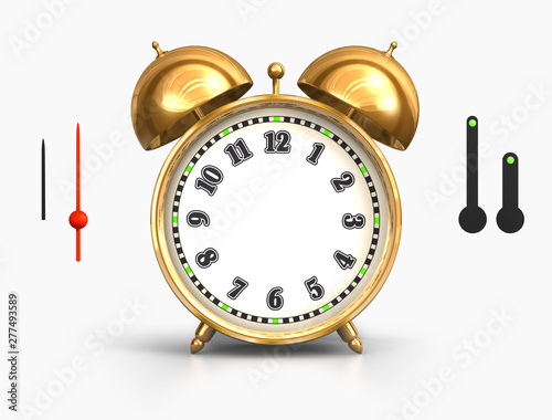 Old fashioned brass alarm clock on a slightly reflecting surface. Clipping paths are included, so you can set your own time and separate the clock from the background.