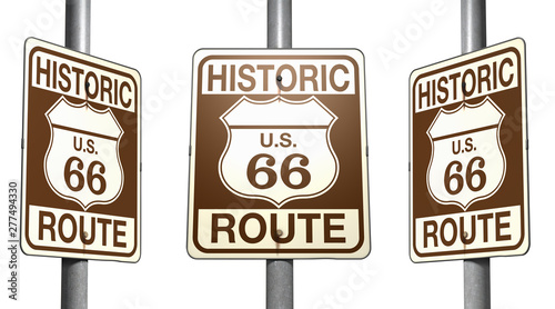 3 faces of Route 66 signage: Highway 66, all the way from Chicago to Los Angeles. Clipping path included, so you can use your own background.