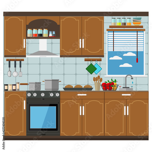 Kitchen with furniture, sink, extractor, window and cooking food on the gas stove. Vector illustration.