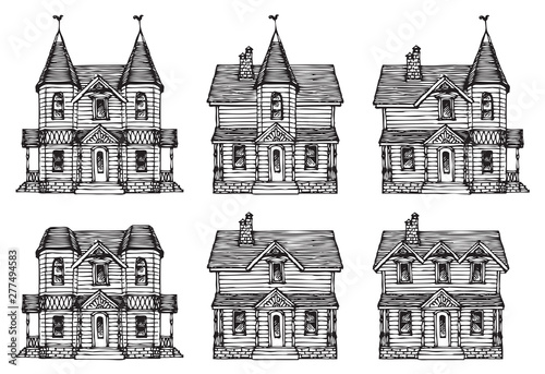 Set of hand drawn houses, old style building facades. Old houses, city buildings, doodle decorative elements collection. Outline black and white vector illustration. Coloring for children and adults.