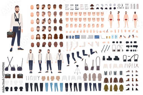 Photographer or photo journalist constructor kit or DIY set. Collection of body parts, clothes, professional equipment. Male cartoon character. Front, side, back views. Flat vector illustration.