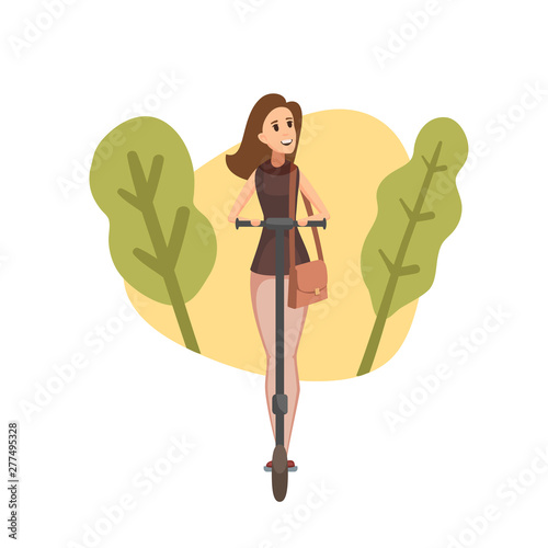 Woman with handbag laughing while riding Electric Scooter. Modern eco transport concept. Businesswoman illustration graphic design.