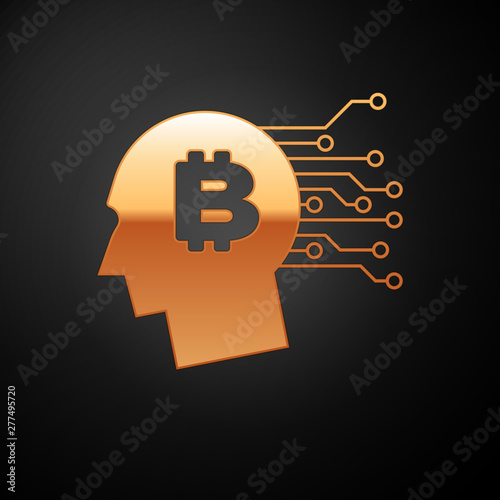 Gold Bitcoin think icon isolated on black background. Cryptocurrency head. Blockchain technology, bitcoin, digital money market, cryptocoin wallet. Vector Illustration