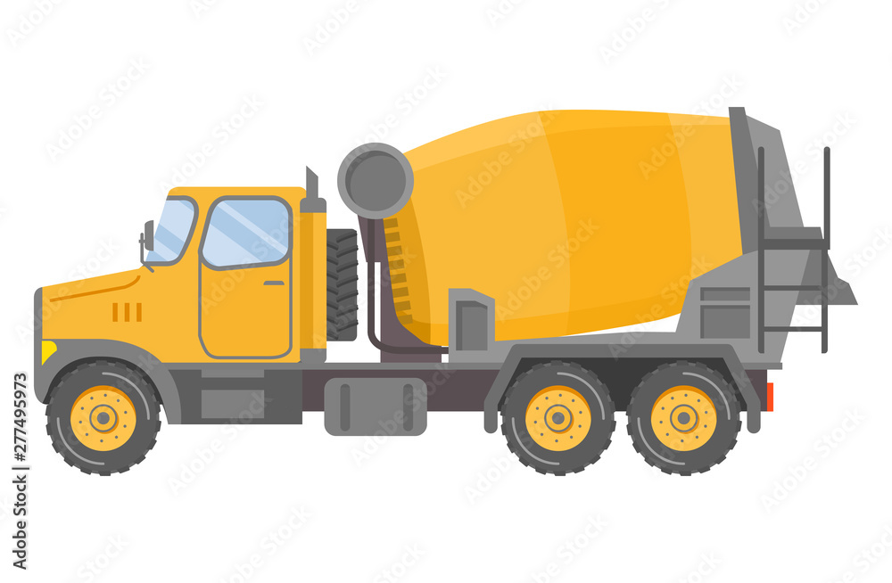 Concrete mixer truck.Construction equipment. Tipper car side view. Commercial truck.Vehicles freight transportation.Isolated flat vector.Industrial transport.Yellow lorry .