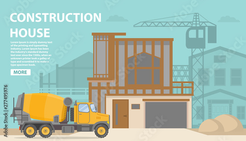 Construction site.Residential building brick,wooden apartment house.Construction equipment dumper truck,crane.Home facade garage car.Vehicles freight transportation.Flat vector.Concrete mixer truck.