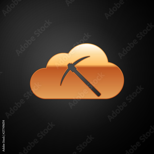 Gold Cryptocurrency cloud mining icon isolated on black background. Cloud with pickaxe, bitcoin, altcoins, digital money market, cryptocoin wallet. Vector Illustration