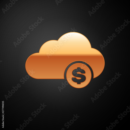 Gold Cryptocurrency cloud mining icon isolated on black background. Blockchain technology, bitcoin, digital money market, cryptocoin wallet. Vector Illustration