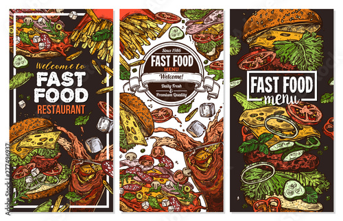 Collection of fast food vector menu templates in sketch style. Design for restaurant menu with hand drawn illustrations of burger, drink, french fries, pizza and sandwich with typographic