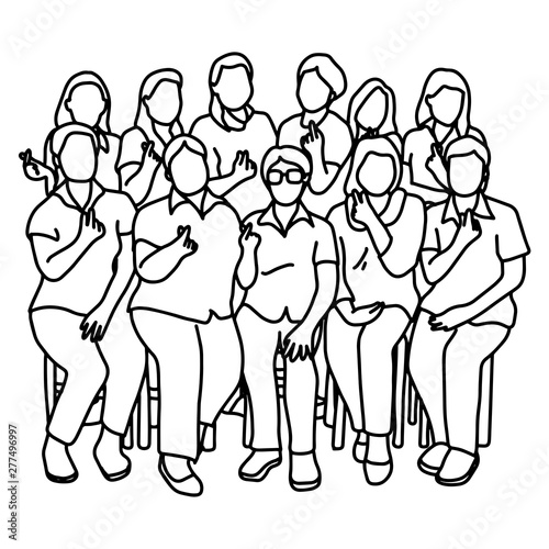 group of women showing mini heart gesture vector illustration sketch doodle hand drawn with black lines isolated on white background. Teamwork concept.