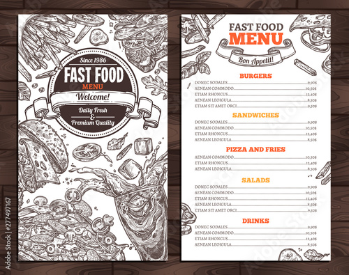 Fast food vector menu template in sketch style. Monochrome design for restaurant menu with hand drawn illustrations of burger, drink, french fries, pizza and sandwich