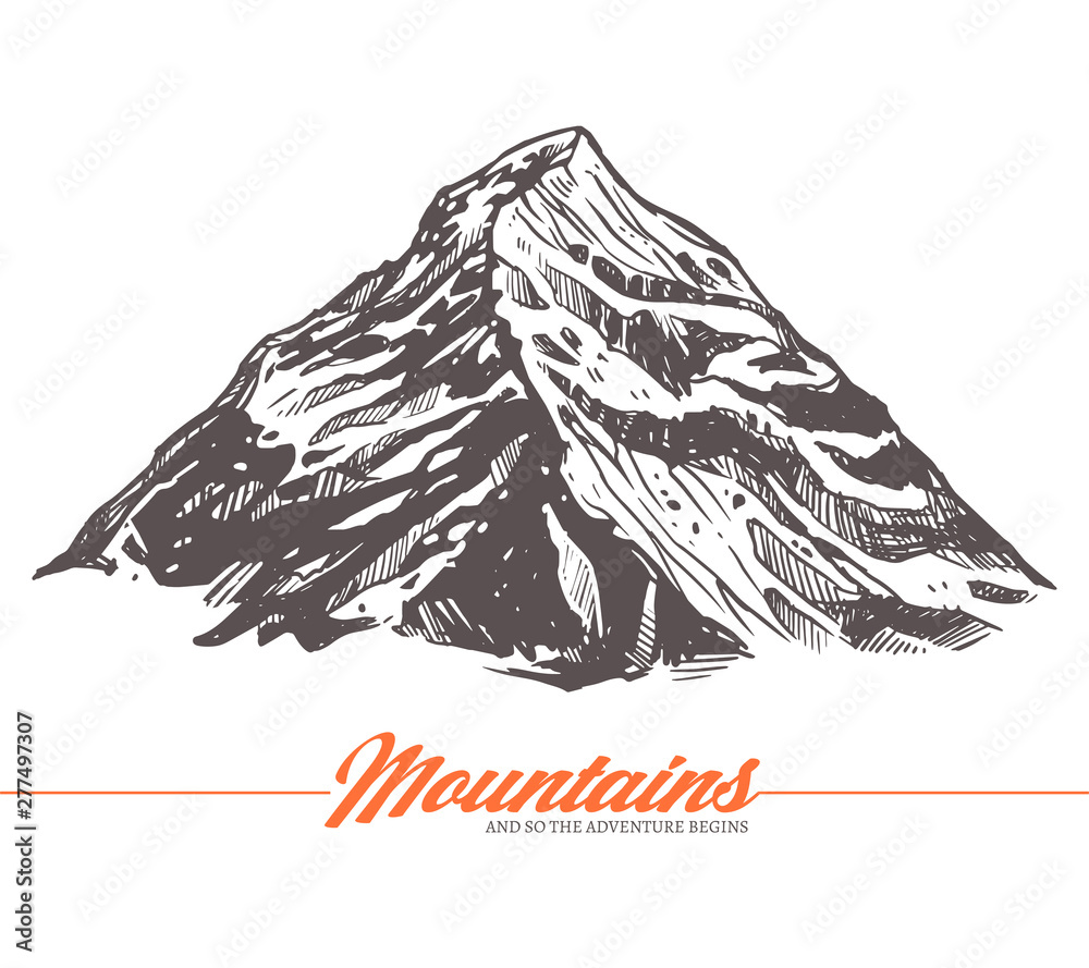 Hand drawn vector illustration of mountain. Rock in sketch engraving style Hand drawn vector illustration of mountain. Rock in sketch engraving style