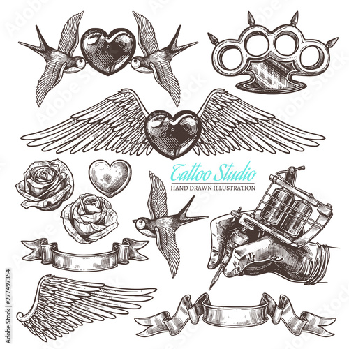 Hand drawn vector tattoo studio collection with sketch engraving illustration. Monochrome templates design for salon. Set with machine for tattooist and tattoo design