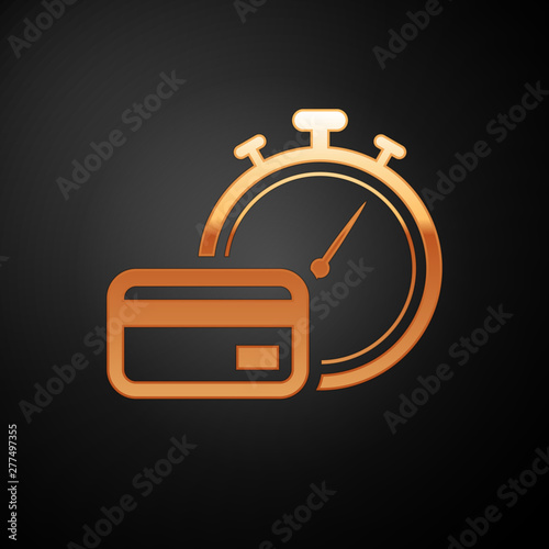 Gold Fast payments icon isolated on black background. Fast money transfer payment. Financial services, fast loan, time is money, cash back concept. Vector Illustration