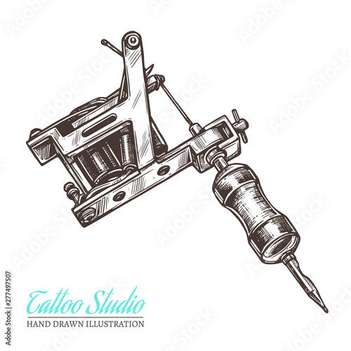 Vector hand drawn sketch illustration of tattoo machine for salon and studio