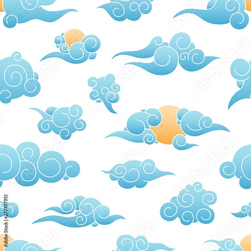 Seamless pattern with sun and clouds in traditional Chinese style on white ba...