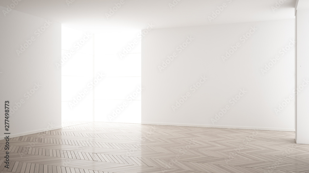 Empty room interior design, open space with white walls, modern style, parquet wooden floor, minimalist contemporary architecture, concept, mock-up, architecture idea