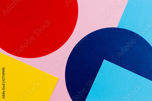 Texture background of fashion papers in memphis geometry style. Yellow, blue, light blue, red and pastel pink colors. Top view, flat lay