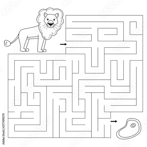 Maze game for kids. Help the lion find right way to meat. Coloring page for children. African animals. Cartoon vector character.