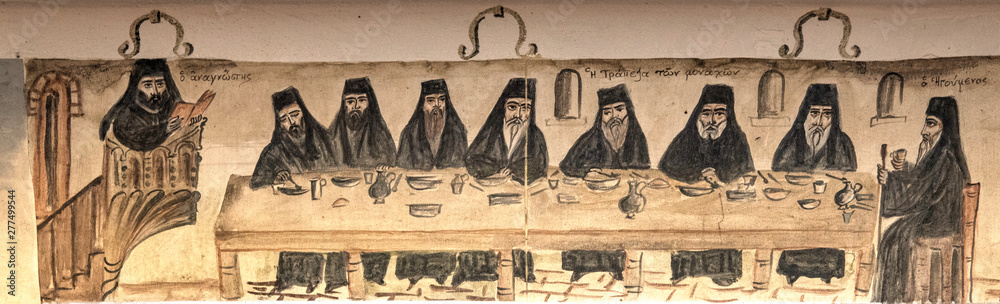 Fototapeta premium Peinture murale ancienne dans le monastère d'Agios Nikolaos Anapafsas, Météores, Grèce