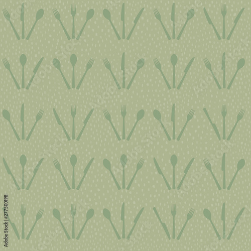 Seamless cutlery pattern. Fork, knife and spoon are in a set of three in horizontal rows. Background with hand drawn, irregular spots. Easy to edit colors in Illustrator.