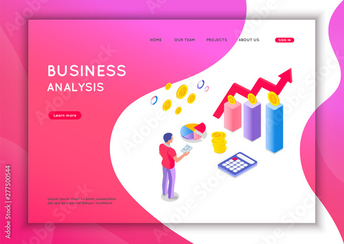 Business analysis concept. Graphic and audit documentation, economic analysis financial budget. Flat isometric vector illustration isolated on white background