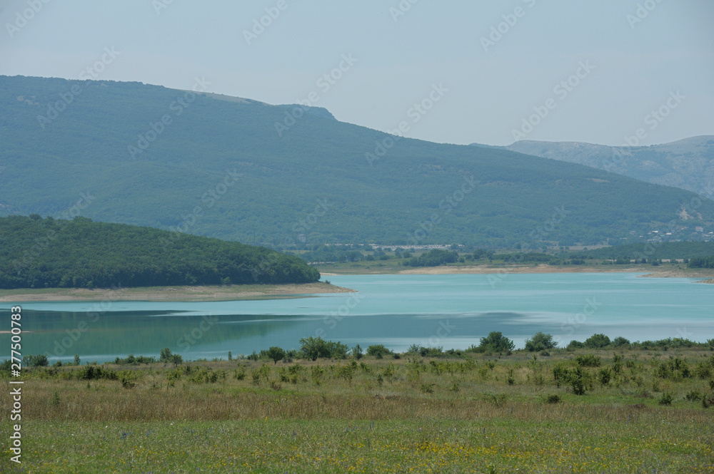 View of the Chernorechenskoe reservoir and Crimean mountains. Crimea,Ukraine