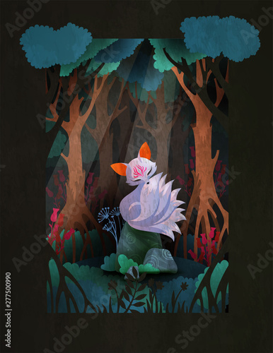Nine-taled fox or kumiho sitting on the stone in front of the forest, asian fairytale character illustration