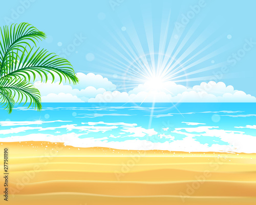 Vector illustration. Blue sea and sky background. Summer holiday tropical beach background with palm leaves