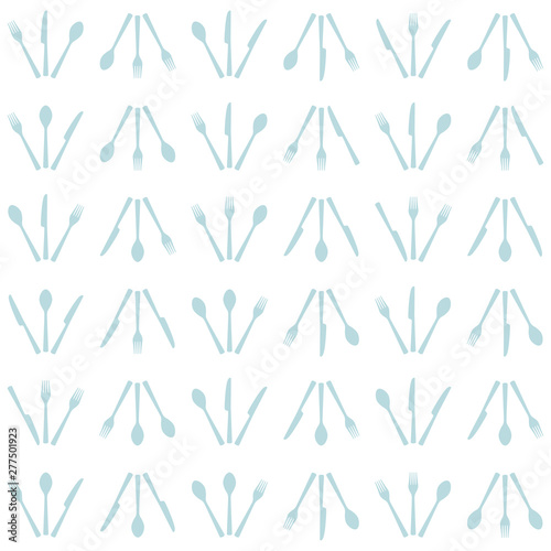 Seamless cutlery pattern. Fork, knife and spoon are in a set of three. Transparent background. Easy to edit colors in Illustrator.