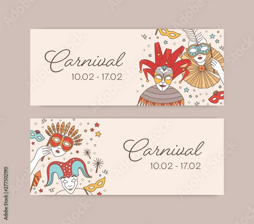 Set of horizontal web banner templates with traditional Venetian masks, cap a...