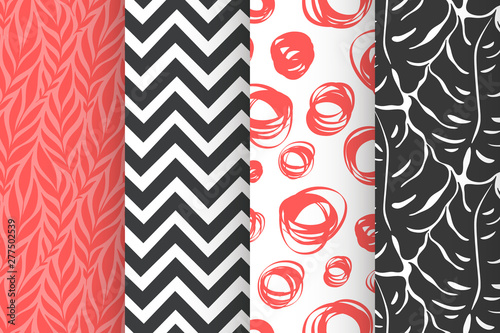 Monstera, roses, leaves, geometric seamless pattern set. Organic simple background collection. Vector illustration