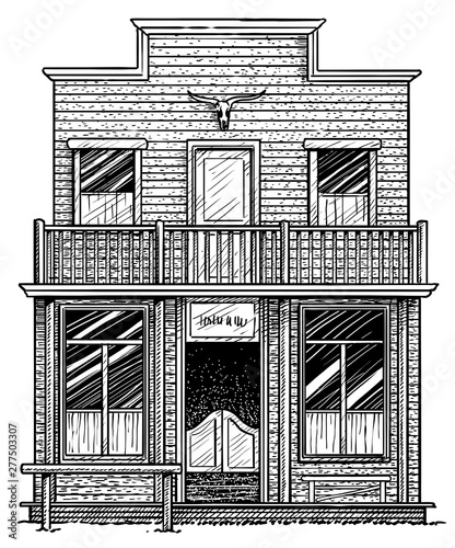 Old American western building illustration, drawing, engraving, ink, line art, vector