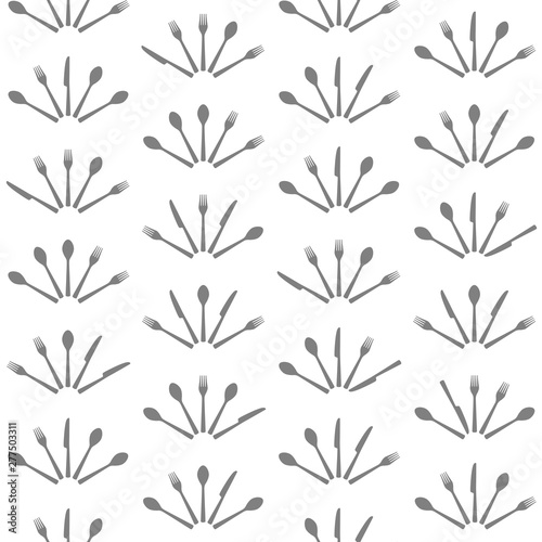 Seamless cutlery pattern, transparent background. Forks, knives and spoons organized in the shape of handheld folding fan. Easy to edit color in Illustrator.