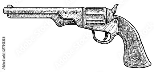 Fotografie, Obraz Cowboy pistol illustration, drawing, engraving, ink, line art, vector