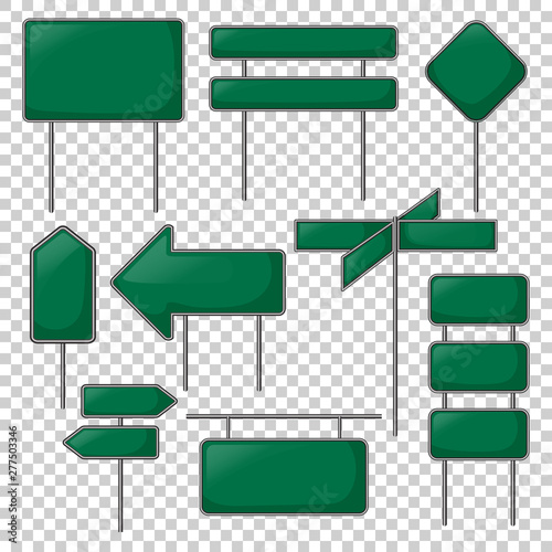 Realistic green sign vector illustrations on transparent background. Street or road sign board.