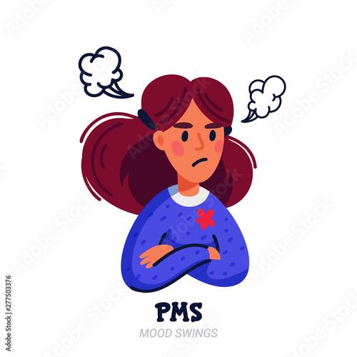 PMS concept. Woman suffering from premenstrual syndrome and related products such as sanitary pads and tampons on white background. Flat style vector illustration.