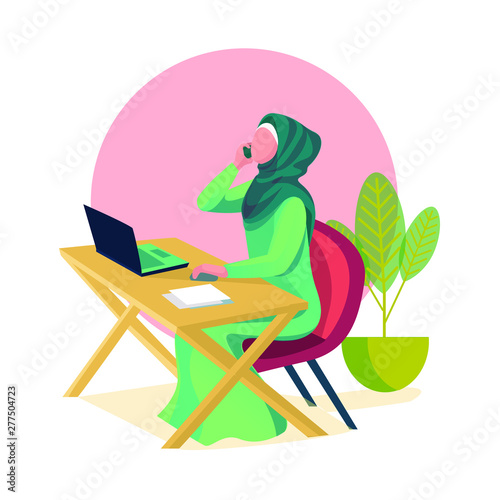 Muslim business woman in traditional clothing working on laptop. Vector illustration isolated in white background.