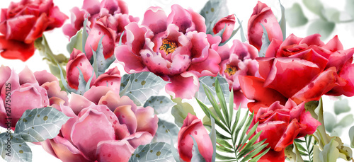 Rose flowers background Vector watercolor. Spring summer pattern. Floral deli...
