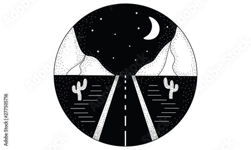 Line hand drawn black and white logo illustration circle of road, landscape mountains, and desert with cactuses, night sky with moon and stars