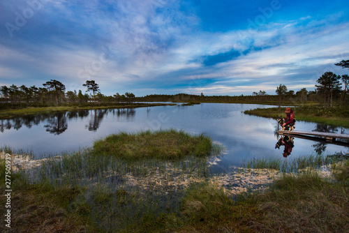 Evening lake with swampy shore and blue clouds 