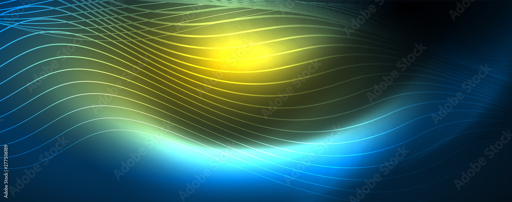 Smooth wave lines on blue neon color light background. Glowing abstract wave on dark, shiny motion, magic space light Smooth wave lines on blue neon color light background. Glowing abstract wave on dark, shiny motion, magic space light