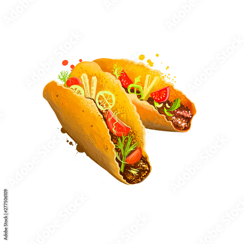 Mexican tacos, taco with beef, vegetables rolled in pita isolated on white background. Street food, take-away, takeout. Fast food hand drawn digital illustration. Graphic clipart design for web print. photo