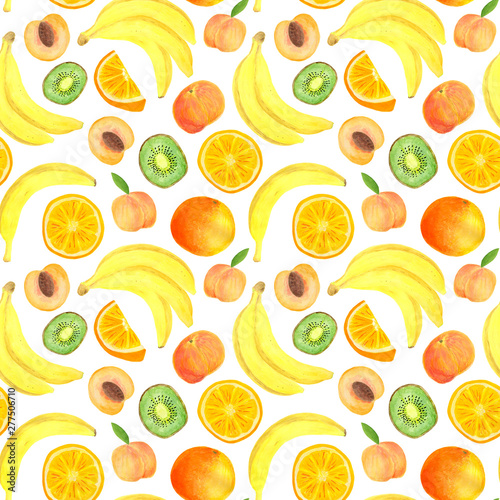 Watercolor tropical fruits seamless pattern. Hand drawn banana  kiwi slice  peach  orange isolated on white background for food package design  textile  print  cover  wrapping  cards.